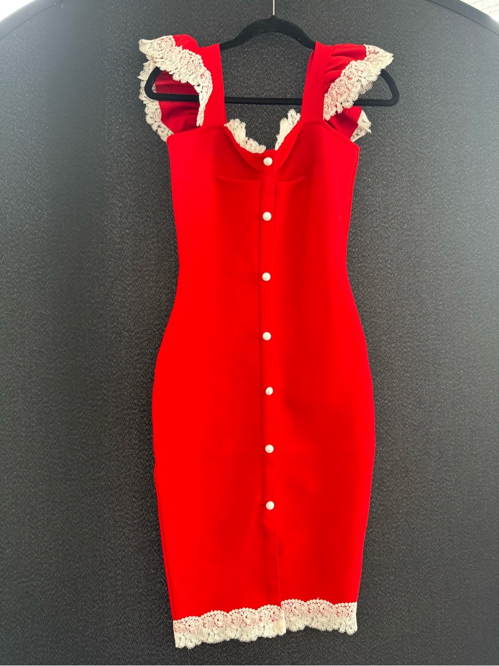 Red Lace-Trim Bodycon Dress with Pearl Buttons